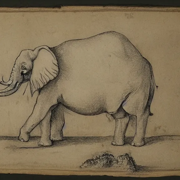 Prompt: a detailed, intricate drawing on parchment with white highlights of a war elephant with heavy armor on a beach, by albrecht durer