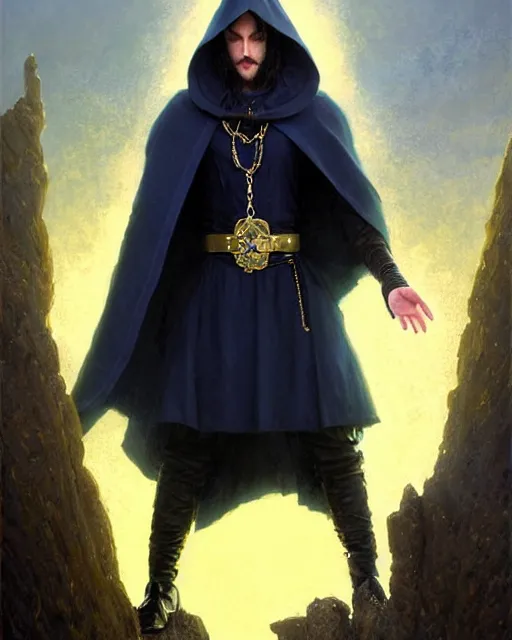 Prompt: handsome mage meditating holding a tellurion! on a chain, long black hair blue eyes wearing leather mantle gothic navy cloak with gold details, cliffside town, fantasy character portrait, hyperrealism, concept art, intricate details, highly detailed by greg rutkowski, ilya kuvshinov, gaston bussiere, craig mullins, simon bisley