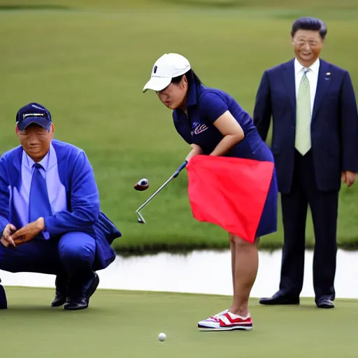 Prompt: xi jingping hits a putt while joe biden tends the flag