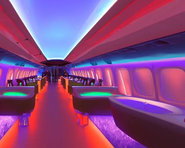 Image similar to Bar and nightclub inside a widebody plane with neon lights and sofas, digital rendering, unreal engine 5