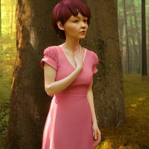 Image similar to a woman in a pink dress standing in a forest, a character portrait by ilya kuvshinov, cg society contest winner, neo - romanticism, ilya kuvshinov, daz 3 d, polycount