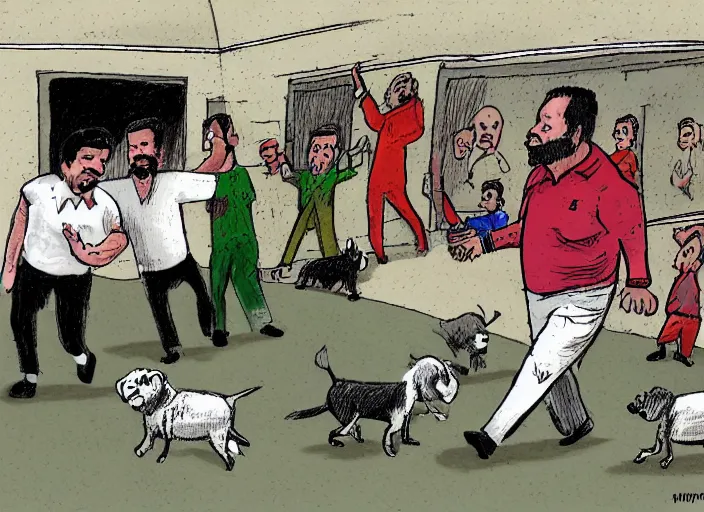 Image similar to Luis Inácio Lula da Silva with prison clothes, running scared from dogs, cartoon drawing