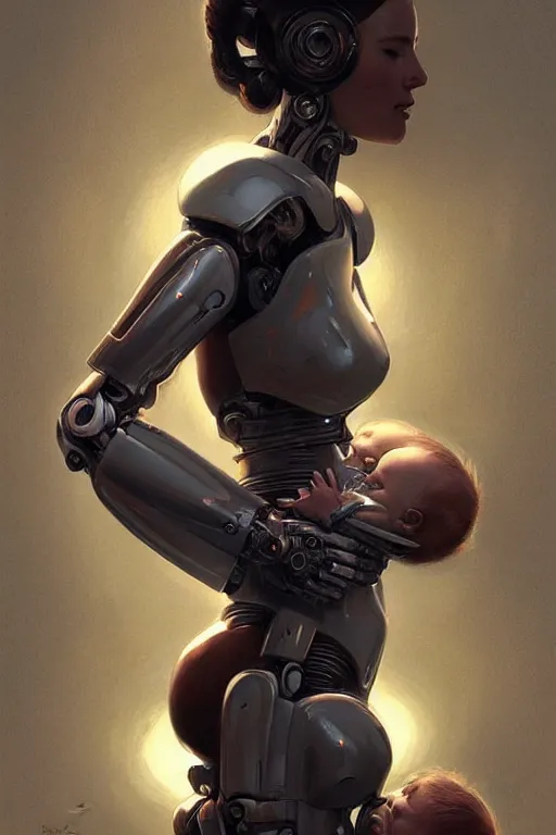 Image similar to Ultra realistic illustration, robot woman carrying a baby (baby with eyes closed), cyberpunk, sci-fi, fantasy, intricate, elegant, highly detailed, digital painting, artstation, concept art, smooth, sharp focus, illustration, art by artgerm and greg rutkowski and alphonse mucha