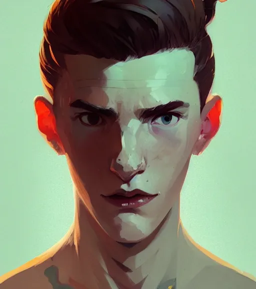 Image similar to portrait of a young man, raised on the island, white hair, face tatooes by atey ghailan, by greg rutkowski, by greg tocchini, by james gilleard, by joe fenton, by kaethe butcher, dynamic lighting, gradient light blue, brown, blonde cream and white color scheme, grunge aesthetic