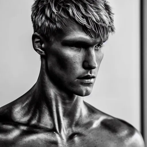 Image similar to a realistic detailed photo of a guy who is an attractive humanoid who is half robot and half humanoid, who is a male android, soccer player martin ødegaard, shiny skin, posing like a statue, blank stare, in a living room, on display, showing off his muscles