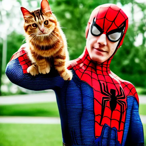 Prompt: photo Spider-Man holding a ginger cat, award winning photography, cosplay, 35mm