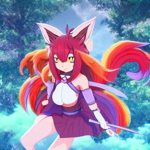 Prompt: ahri the nine - tailed fox from uma musume, official film still, art