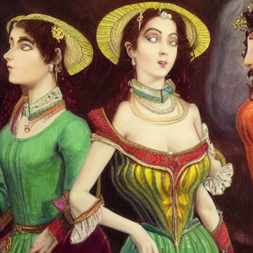 Image similar to a highly detailed painting. Beautiful radiant twin sisters and the musician Prince. Prince is green with jealousy. Cinematic Art.