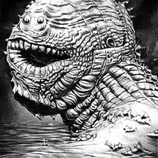 Image similar to highly detailed picture of gill - man from creature of the black lagoon, hyper realistic, sci - fi horror art, mega detailed, highly detailed