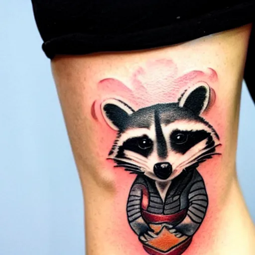 Prompt: tattoo of a raccoon landlord evicting a crying tenant