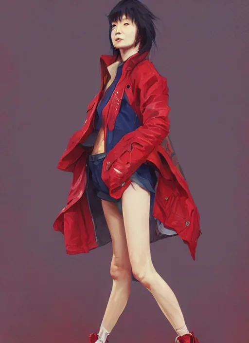 Prompt: full body long shot of Japanese female wearing red futuristic 1980s jacket and torn jean shorts, highly detailed, digital painting, artstation, concept art, sharp focus, illustration, art by greg rutkowski and alphonse mucha