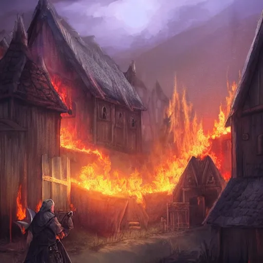 Prompt: burning village, dark ages, medieval, fantasy, dnd, realistic