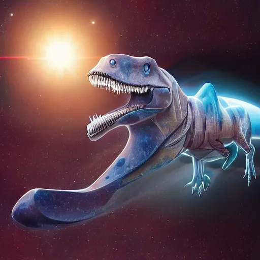 Prompt: a hyper realistic digital painting of a dinosaur in an space suit in space