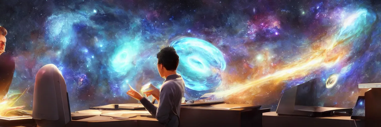 Prompt: a young mage creating a universe in his PC, a male mage in his 20s with black hair sitting in front of wide monitor, a monitor showing the universe creation. hyperrealistic, extremely detailed, award-winning art, trending on Artstation