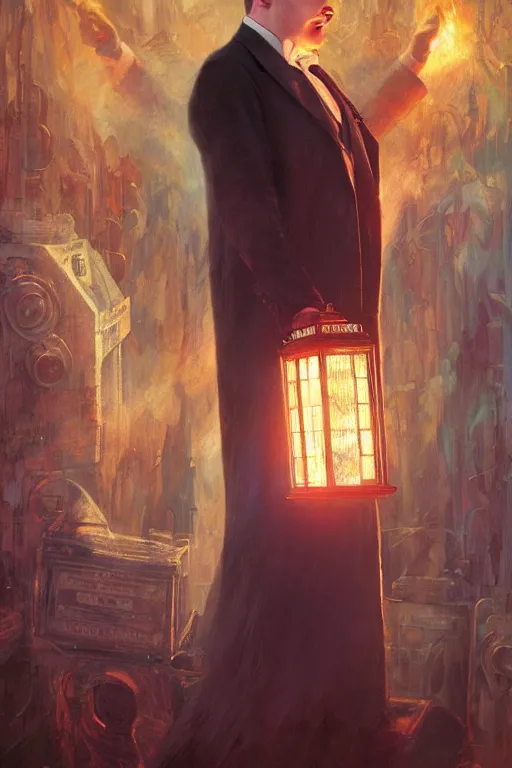 Image similar to gomez addams as doctor who, radiant light, caustics, heroic, bright iridescent light, by gaston bussiere, bayard wu, greg rutkowski, maxim verehin bloom dramatic lighting