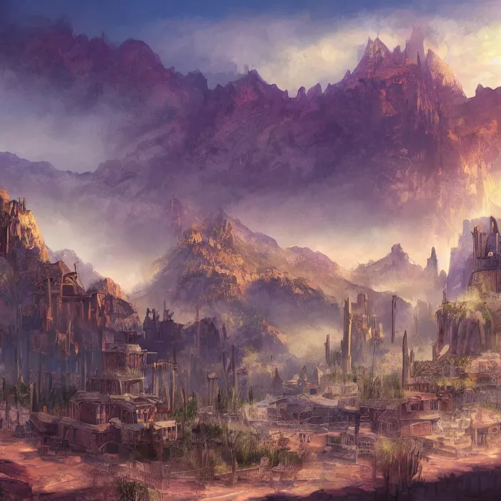 Image similar to large fantasy western town in the middle of a desert with a mountain in the background. magic the gathering art, digital media