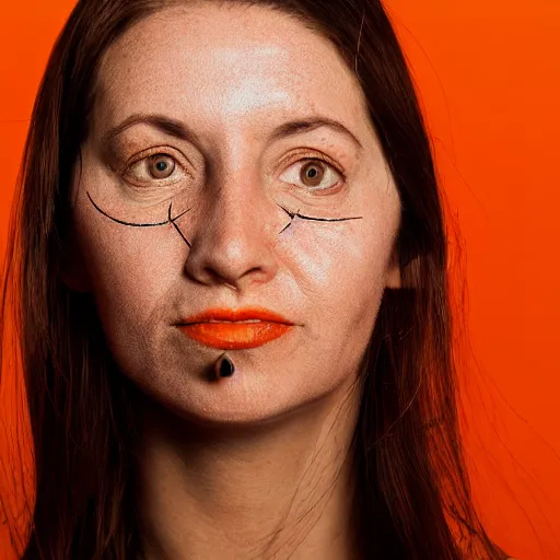 Prompt: portrait of a woman with a hole for it's face, orange background, studio lighting