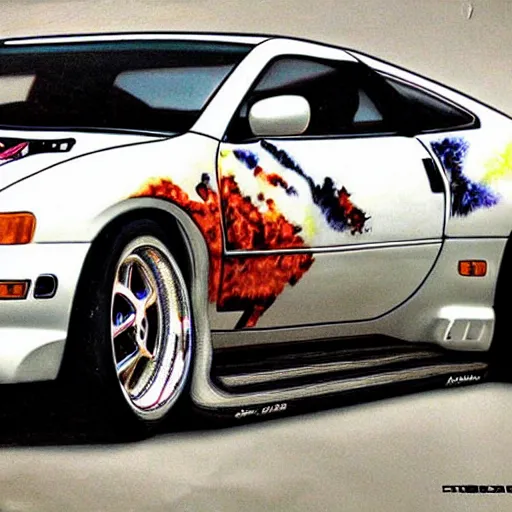 Image similar to hybrid Nissan 300zx pug dog, intricate detail, exquisite art, airbrush illustration,