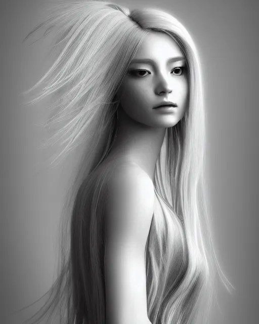 Image similar to a bw photorealistic portrait of a beautiful female translucent bio mechanical vegetal goddess with long silver hair, dreamy, elegant photorealistic, cinematic, octane render,