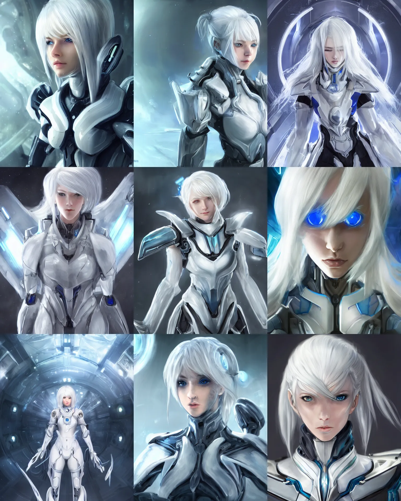 Prompt: perfect white haired girl, warframe armor, beautiful, dreamy, pretty face, blue cyborg eyes, portrait, bright light, scifi, emotional, utopian architecture in the background, laboratory, 4 k, high definition, ultra realistic, aura of light, cinematic, highly detailed, masterpiece, art by akihito tsukushi, akasuki brightmind