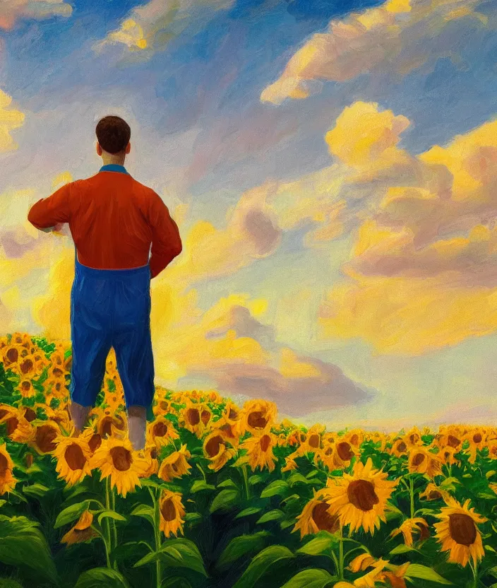 Image similar to a closeup portrait of a man in an orange prisoner overall, standing in beautiful sunflower field, screaming and sad, highly detailed, aesthetic clouds in the sky, in the style of edward hopper, very fine brush strokes, 4 k,