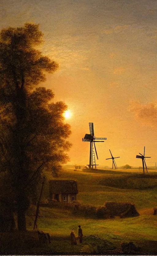 Prompt: a beautiful landscape in the netherlands with a windmill at sunset, in the style of francis danby