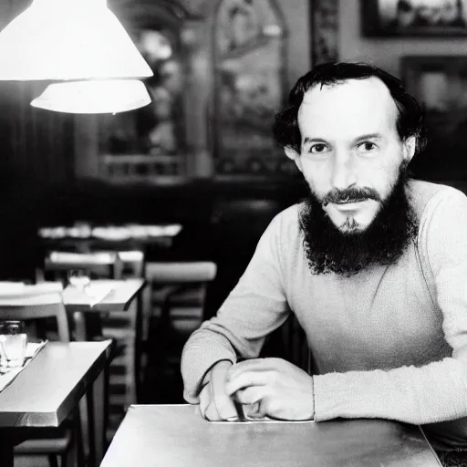Prompt: photo of a frenchman from france seated in a restaurant ( ( ( in the year 1 9 8 1 ) ) ). 5 0 mm, studio lighting
