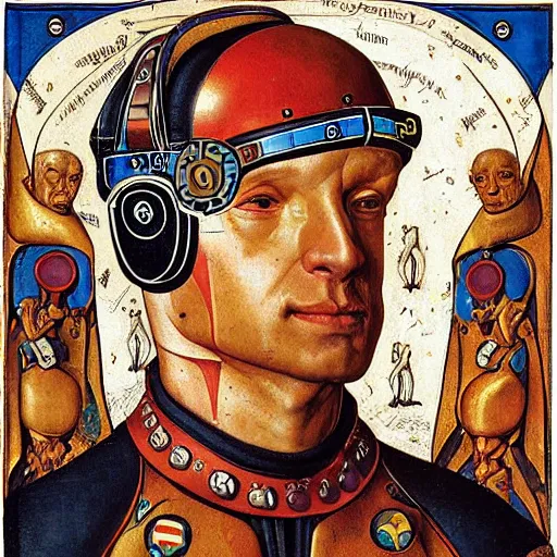 Prompt: cyborg with a brain machine interface by jan van eyck, masonic iconography