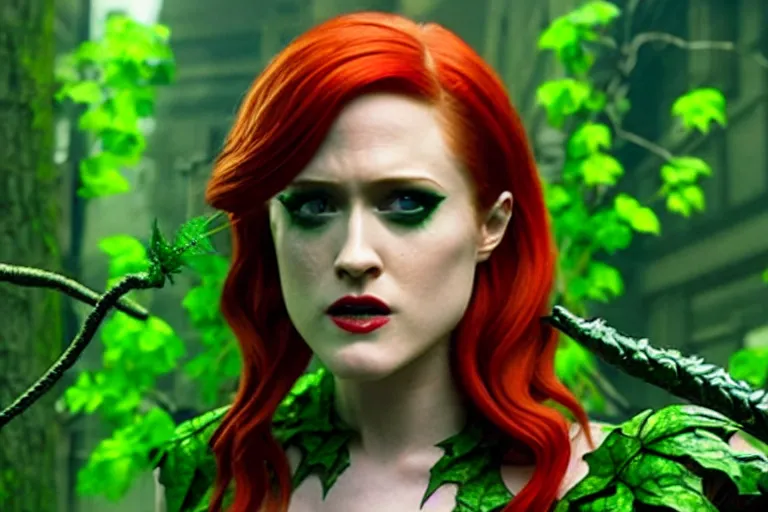 Image similar to 4 k still of evan rachel wood as poison ivy, detailed, photorealistic