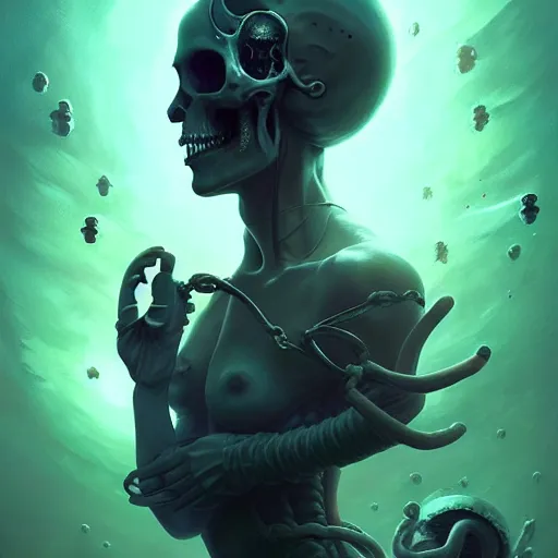 Image similar to shackled in the void, by hr beeple and cgsociety. stunning goddess of speed charlie bowater and tom bagshaw, insanely detailed, artstation, space art. atoms surrounded by skulls and spirits deep under the sea, horror, sci - fi, surrealist painting, by peter mohrbacher