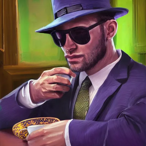 Image similar to man in green suit, with green hat, drinking tea, purple undershirt, Wearing Shades, highly detailed, fantasy, D&D, by Viktor Antonov