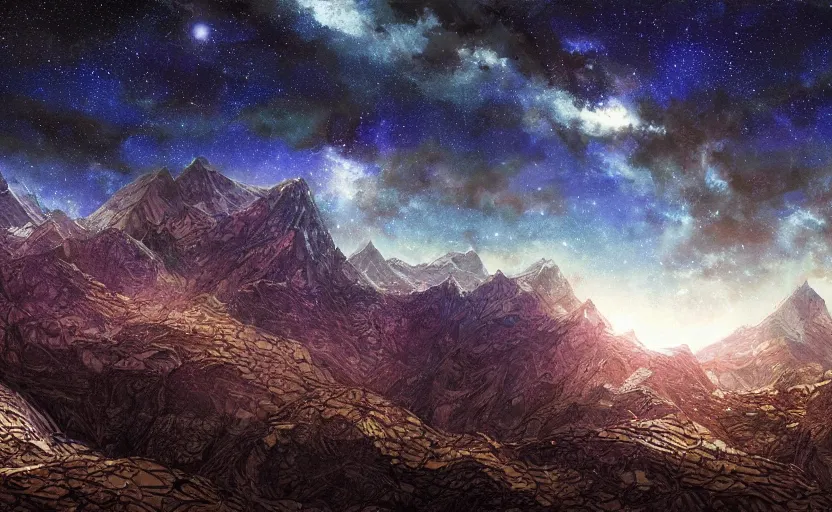 Image similar to mountains, stars and paisley filled sky, artstation, intricate, highly detailed, digital painting, concept art, sharp focus, illustration by Charles Williams and Yoshitaka Amano