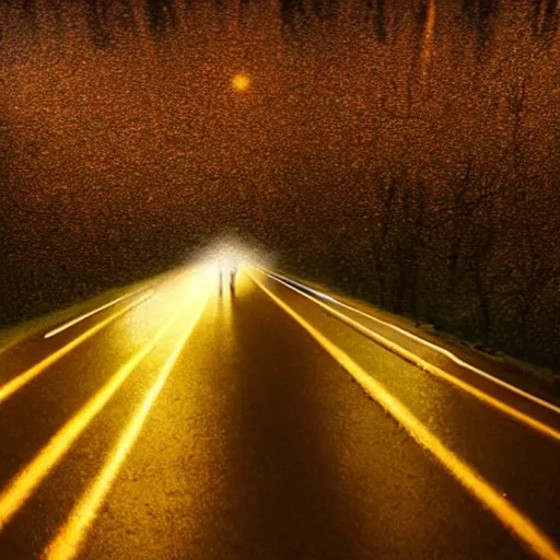 Image similar to first person viewpoint, night time POV, cyclist looking towards the end of a steep rain soaked suburban hilly road, night scene, wet road, filigrees of gold on the tarmac amber light, 90s