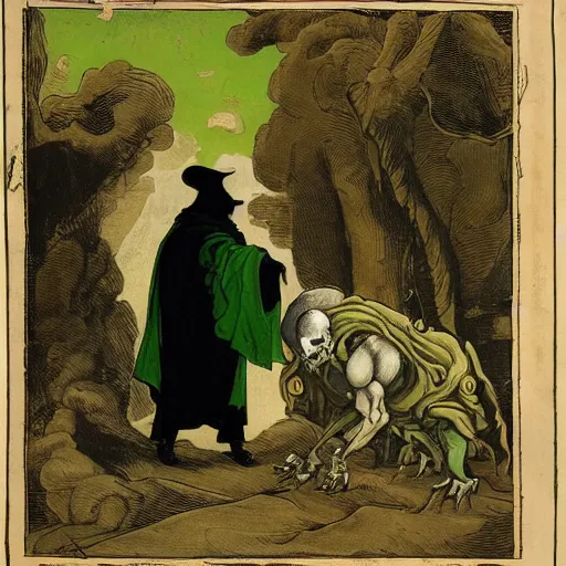 Image similar to a man wearing a black cloak with a skull head killing a man in green