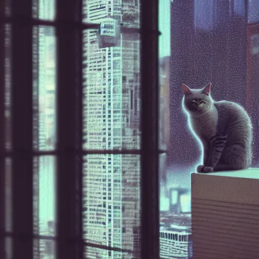 Prompt: A cat sitting on a Windows watching the view of a cyberpunk city, 24mm, 8k, octane render, beautiful, peaceful, cyberpunk, moody, raining, rain, super detailed, dof, volumetric lighting, rtx, raytracing, cyberpunk 2077