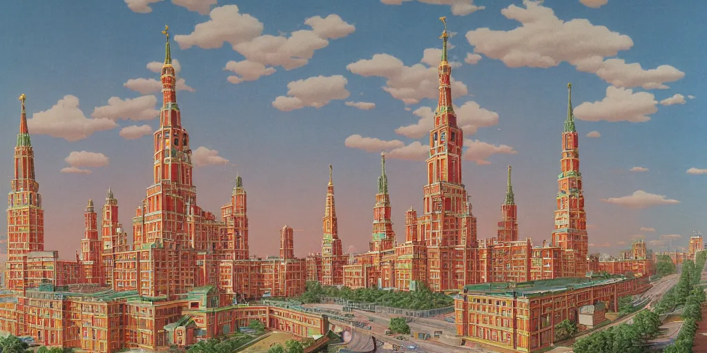 Image similar to architectural concept art of a moscow state university on fire, created by hasui kawase, invasion of a city, colorful flat surreal design, super - detailed, a lot of tiny details
