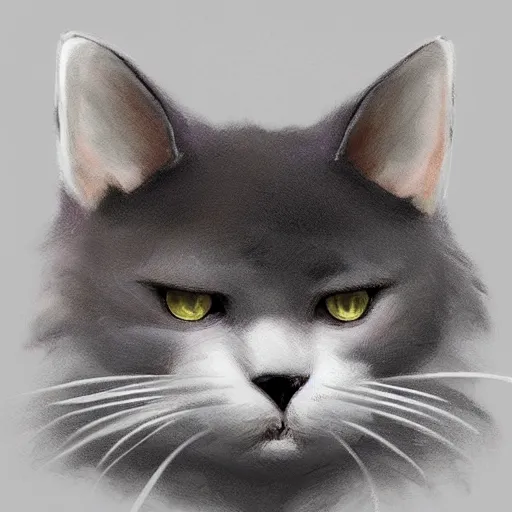 Prompt: a burly bored dark grey cat with white belly, white paws and white face markings with long fur and fluffy tail sitting, intricate, elegant, highly detailed, digital painting, artstation, concept art, matte, sharp focus, illustration, art by Artgerm and Greg Rutkowski and Alphonse Mucha