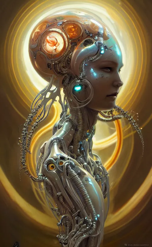 Prompt: Cyborg biomechanical jellyfish female deity, sci-fi, highly detailed, digital painting, artstation, concept art, smooth, sharp focus, illustration, art by artgerm and greg rutkowski and alphonse mucha