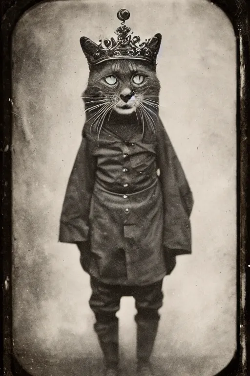 Image similar to a wet plate photo of an anthropomorphic cat king