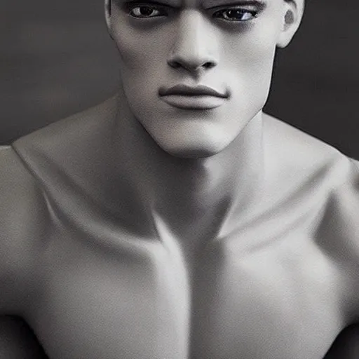 Image similar to “a realistic detailed photo of a guy who is an attractive humanoid who is half robot and half humanoid, who is a male android, Grayson Dolan, shiny skin, posing like a statue, blank stare”