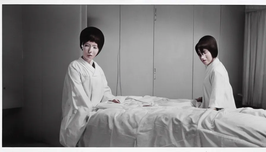 Image similar to 60s movie still of a white japanese female phantom with gigantic arms in an empty hospital with light yellow walls, eastmancolor, heavy grain, high quality, higly detailed, liminal space