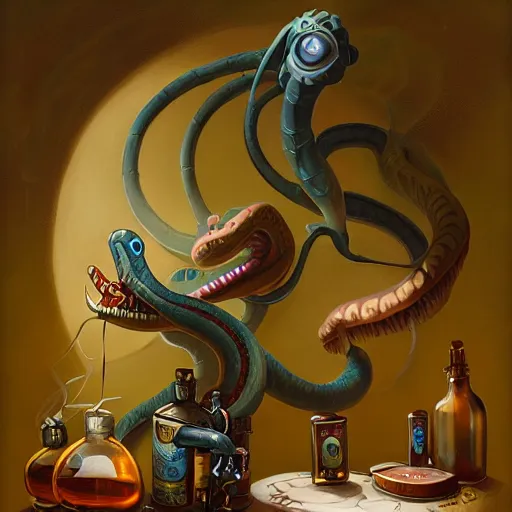 Prompt: a grinning anthropomorphic snake selling bottles of medicine, fantasy, steampunk, peter mohrbacher