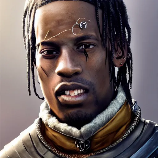 Image similar to travis scott as a knight, a character portrait by weiwei, cgsociety, sots art, official art, art, character,