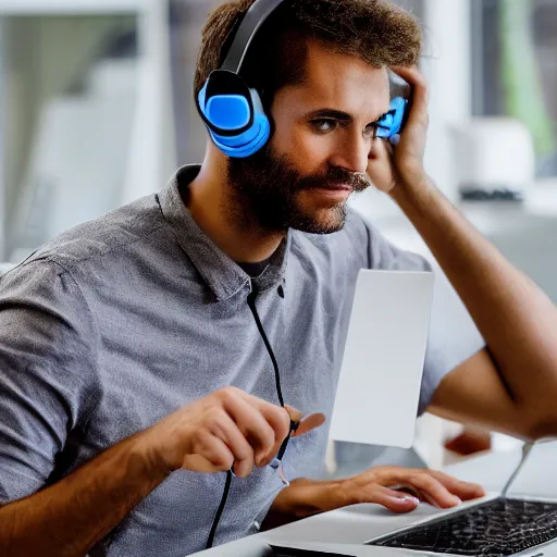 Prompt: the typical reddit moderator, using their computer while wearing a headset