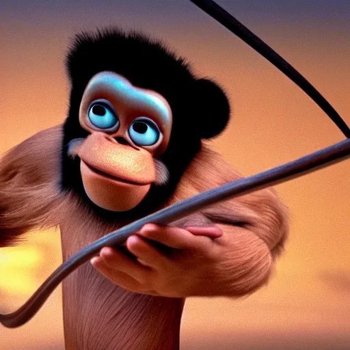 Prompt: a cinematic film still from a 2001 Pixar movie about a samurai monkey, in the style of Pixar, shallow depth of focus