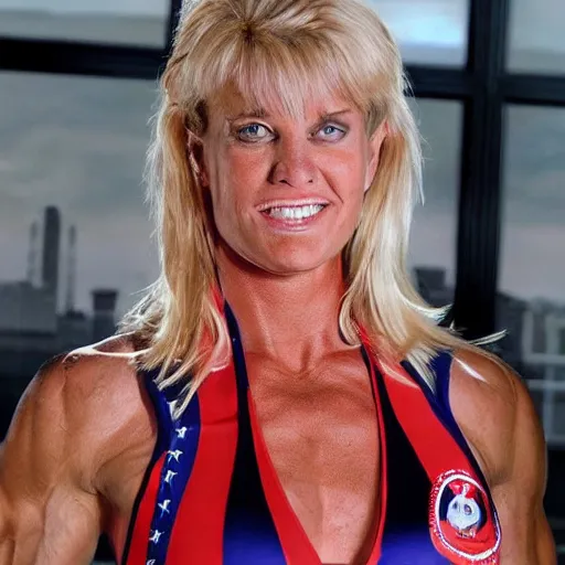 Image similar to a woman who is a genetic combination of hulk hogan and donald trump face and upper - body focus