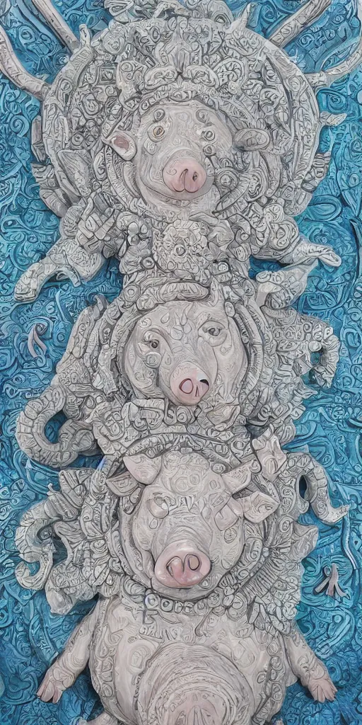 Image similar to intricate colourfully painted carved Soapstone relief paneling, white and pale blue , celestial, pig, piglet, piggy, pig goddess, mother earth, Earth Goddess mythology, Gaia, angels, divinity, Ghostly, crystaline celtic, insanly detailed , artstation, wallpaper, hyper realistic, realistic lighting