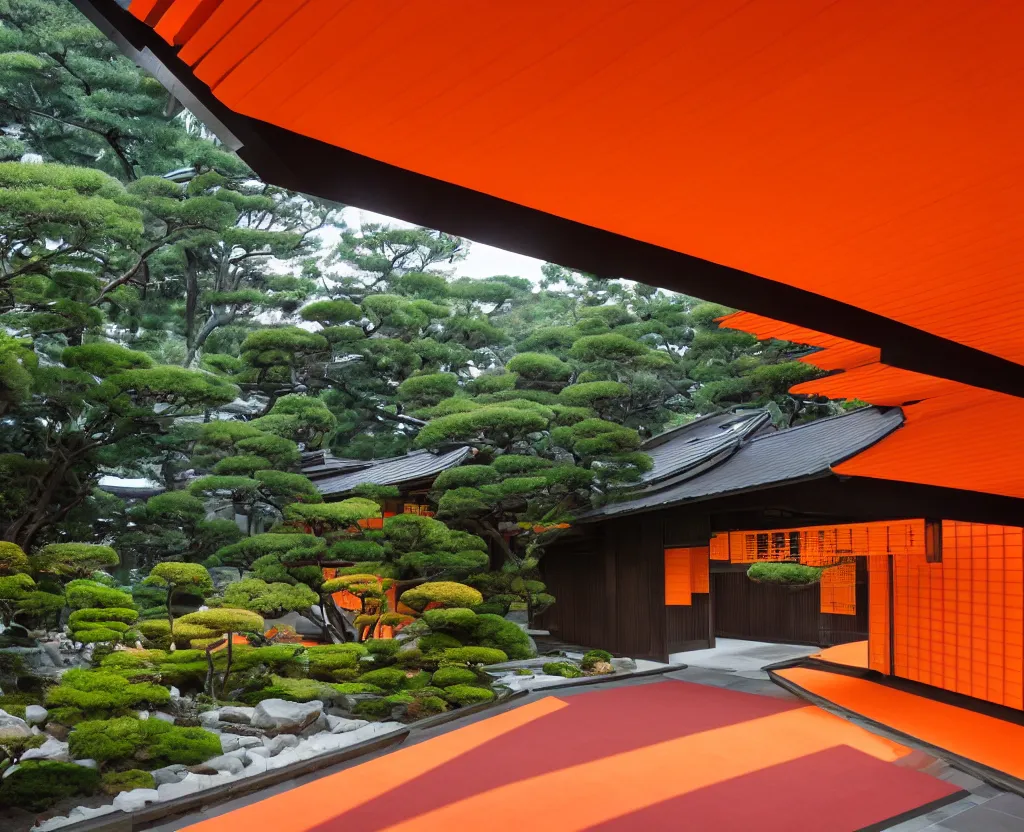 Prompt: real estate photo of the exterior of a futuristic japanese house with traditional japanese garden, dramatic lighting, smoke, ceiling fluorescent lighting, black and orange colour palette, wide angle shot