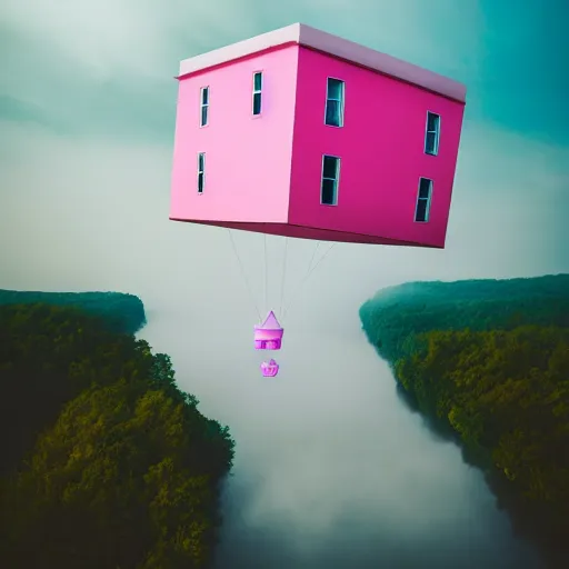 Image similar to a 5 0 mm lens photograph of a cute pink floating modern house, floating in the air between clouds, inspired by the movie up, held up from above by a heart - shaped ballon. mist, playful composition canon, nikon, award winning, photo of the year