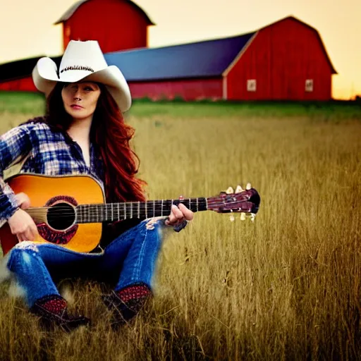 Image similar to a female fluffy fox animal, wearing cowboy hat, wearing plaid shirt, playing guitar, in a field, barn in background, album cover style